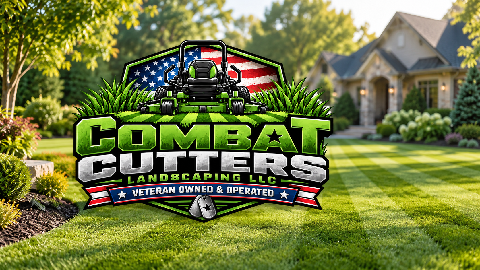 Combat Cutters Landscaping emblem over a neatly maintained lawn